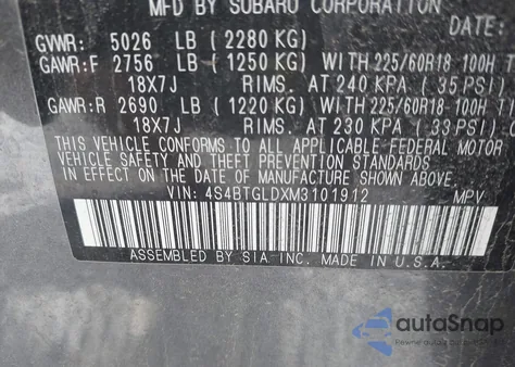 2021 Subaru Outback Onyx Edition Xt z USA, uszkodzony, nr VIN 4S4BTGLDXM3101912